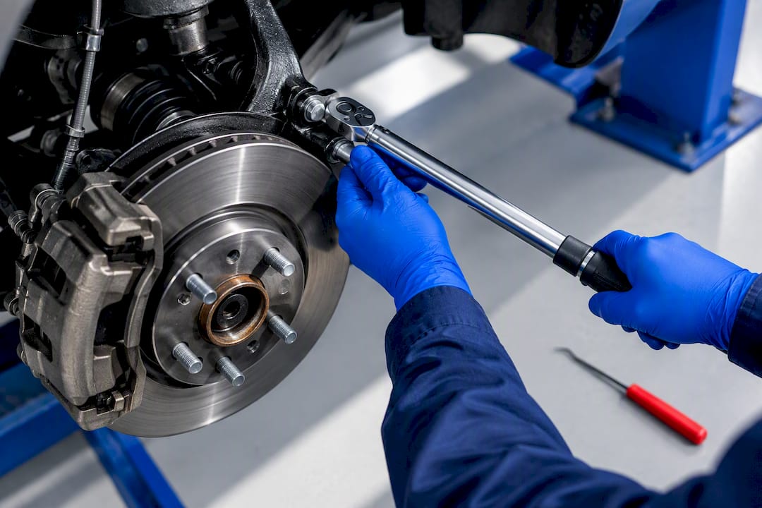 Torque wrench positioned on brake hardware