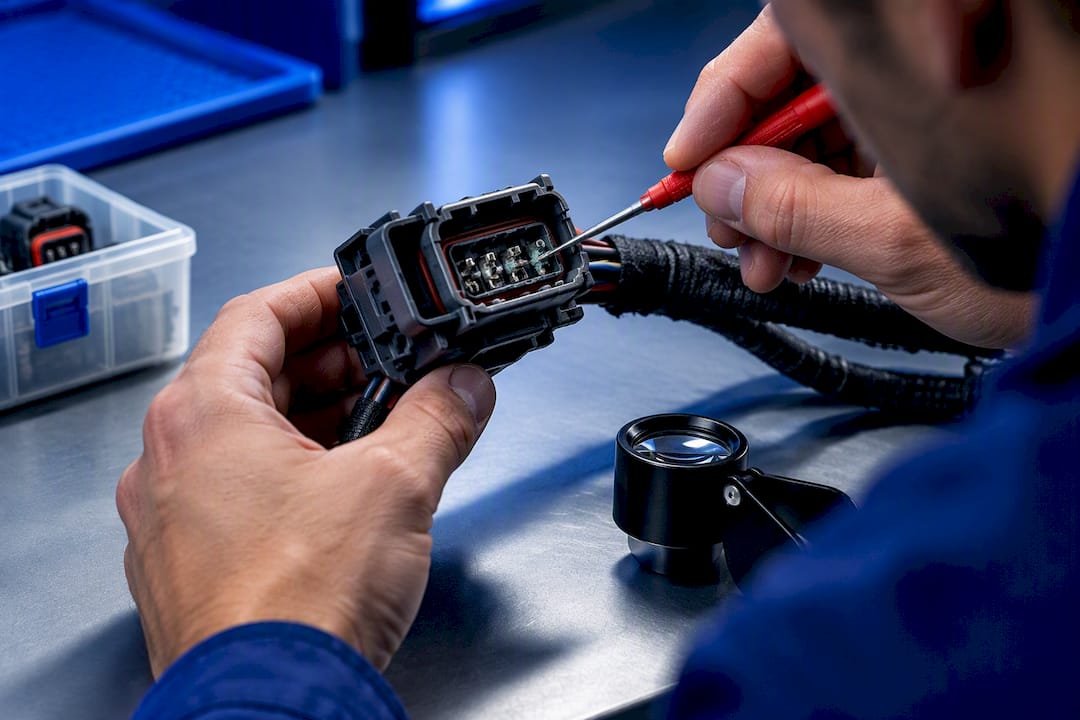 Technician inspecting corroded ABS connector