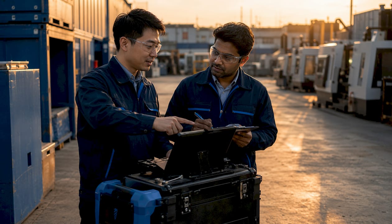 Technicians recording machine data on factory floor