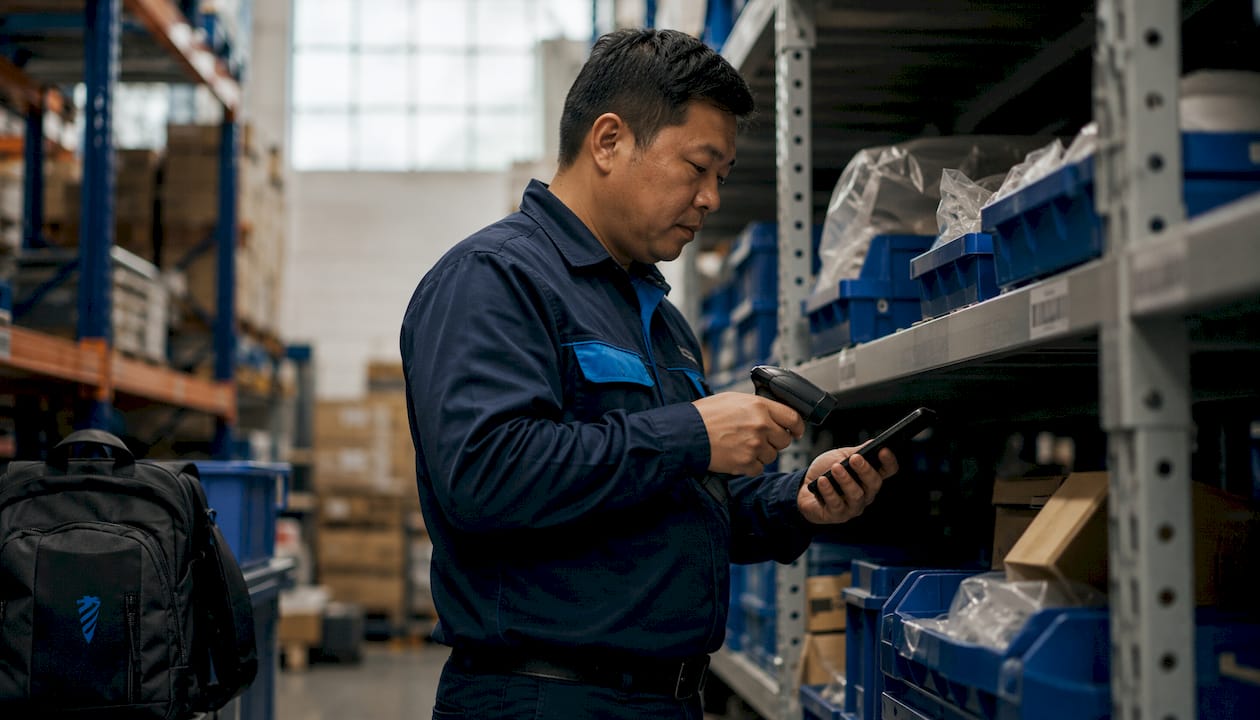 Hands using barcode scanner and smartphone for inventory