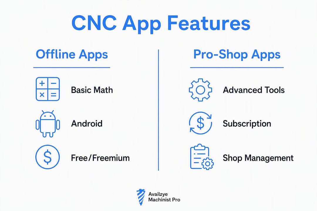 Infographic comparing offline and pro-shop CNC calculator apps
