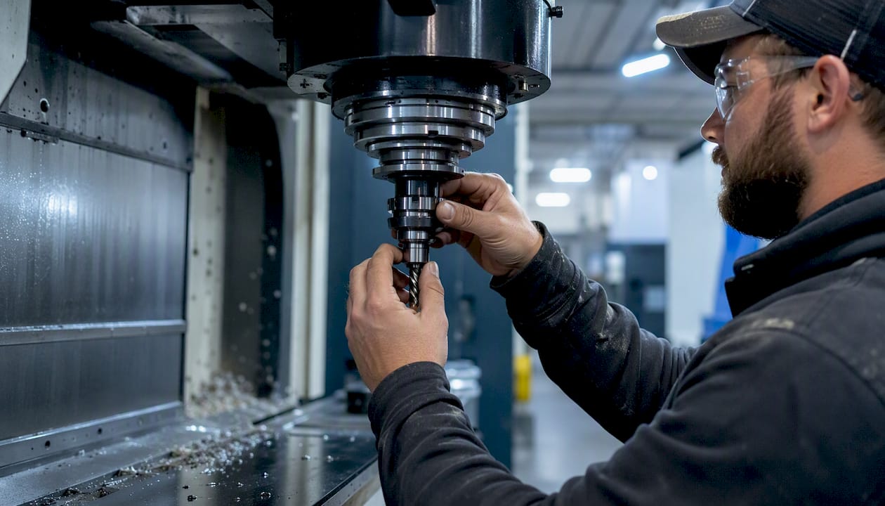 Machinist inserting carbide end mill into milling machine