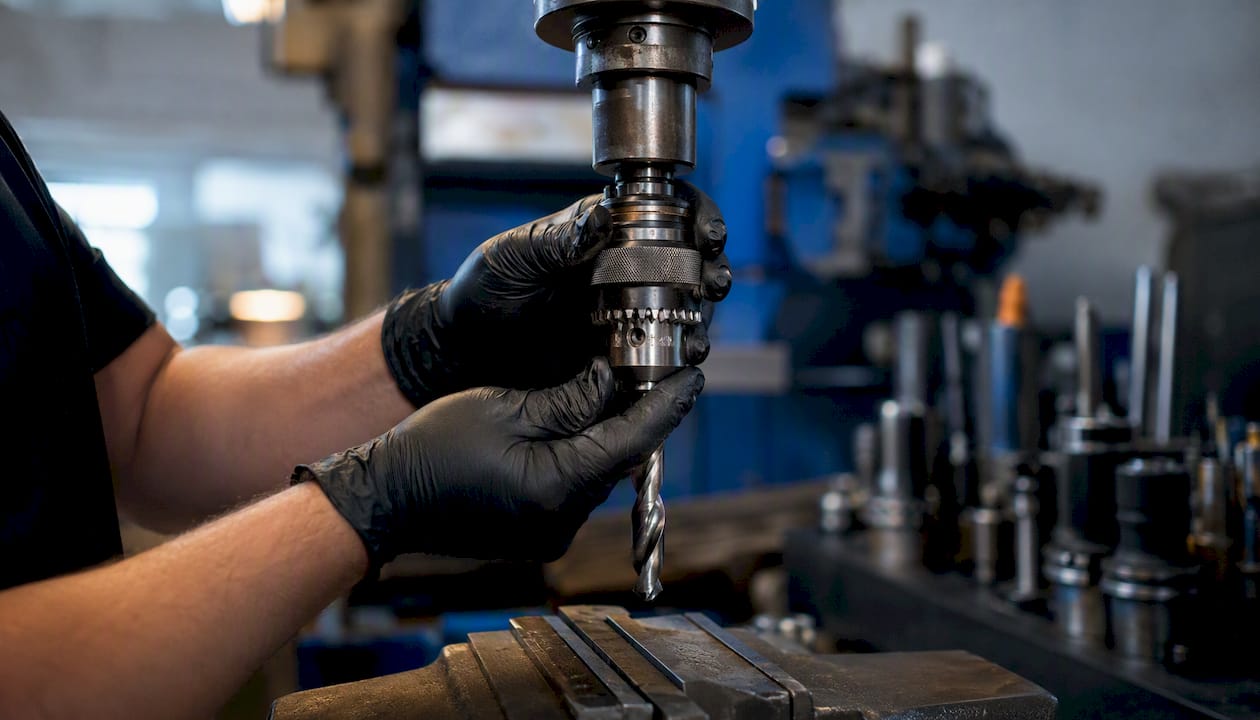 Hands adjusting drill bit in CNC drill chuck