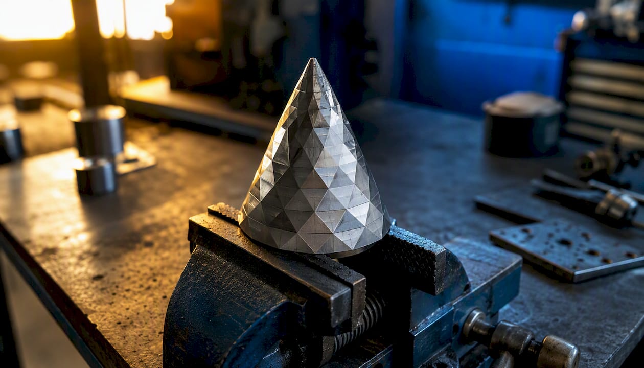 Close-up of metal cone with visible triangular tessellation facets