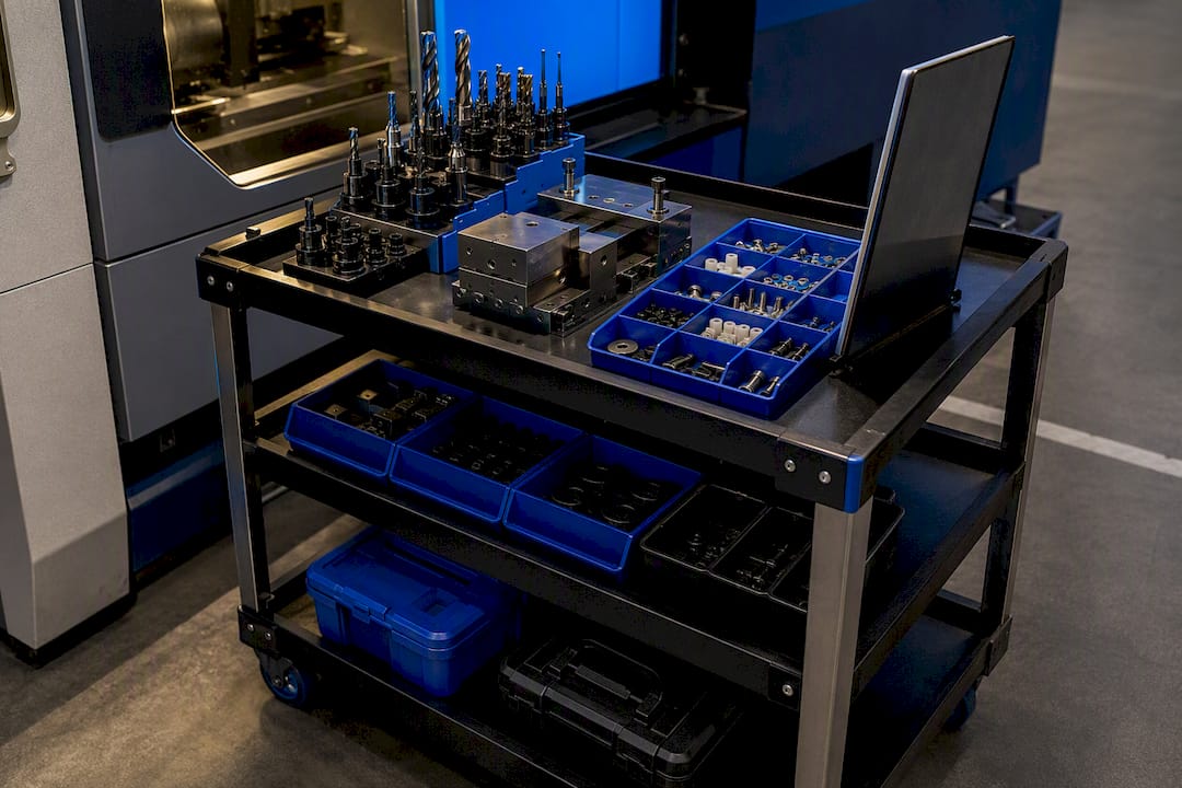 Organized CNC changeover kit on mobile cart
