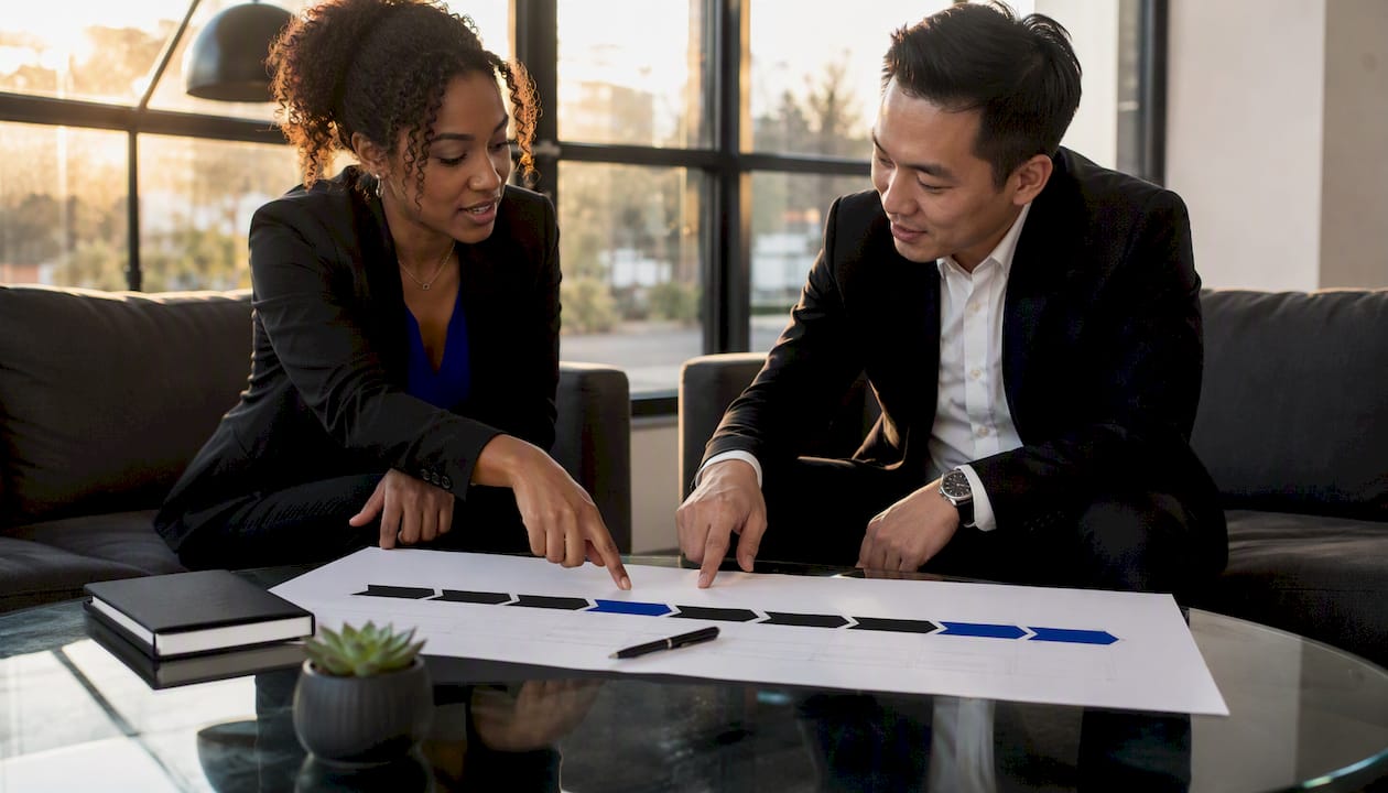 Sales team reviewing B2B pipeline stages chart