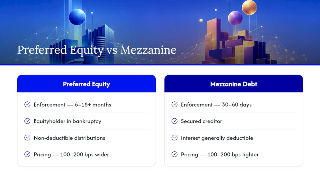 Diagram comparing preferred equity and mezzanine debt features