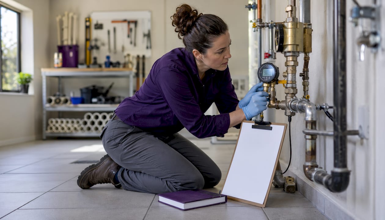 Inspector testing plumbing safety equipment
