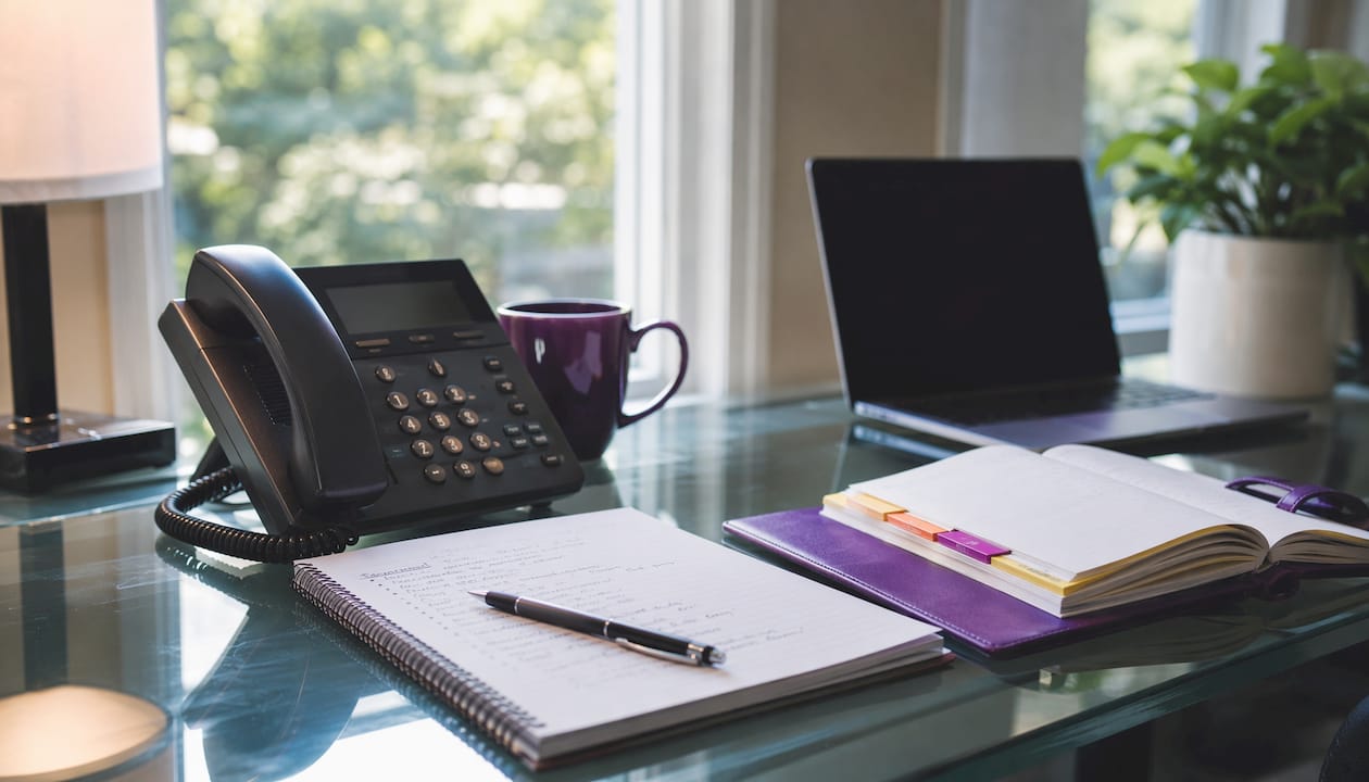 Office desk with phone and notes representing voicemail transcription