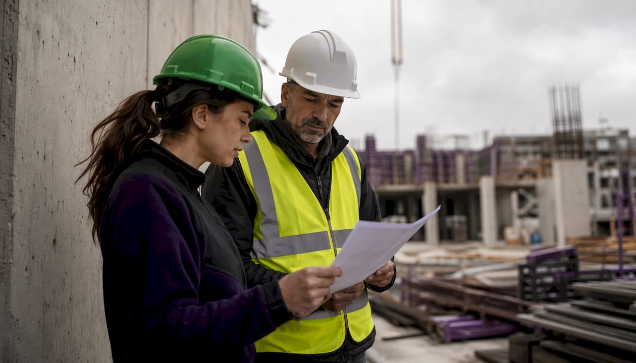 Construction workers reviewing JSA together onsite