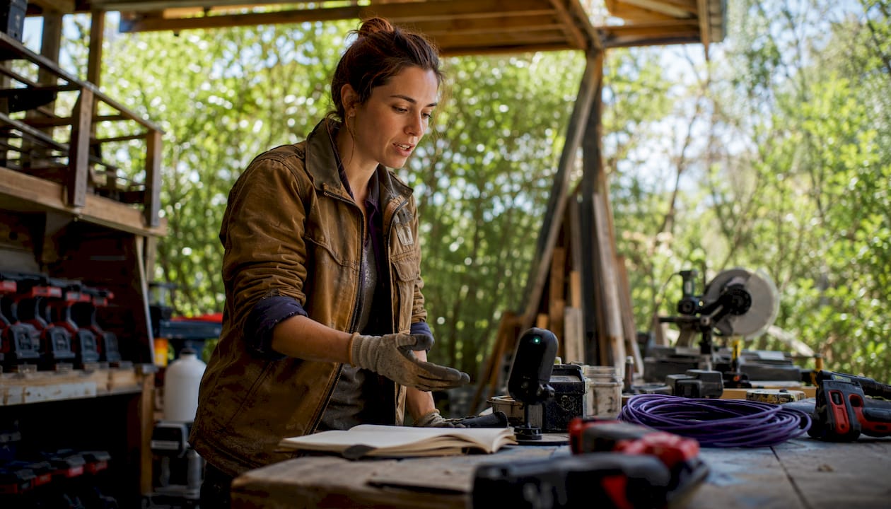 Hands using voice-first device in tradie workshop