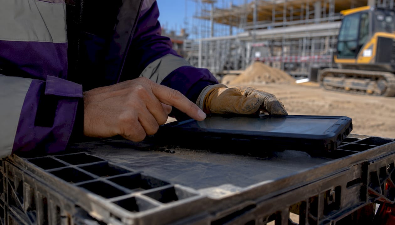Hands using tablet on dusty construction site surface