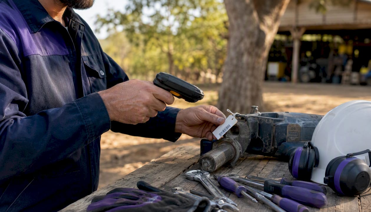 Close-up of tradesperson scanning asset tag on power tool