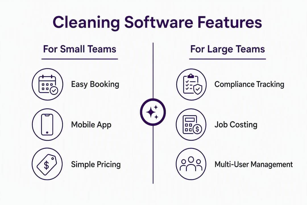 Infographic of cleaning software features for team sizes