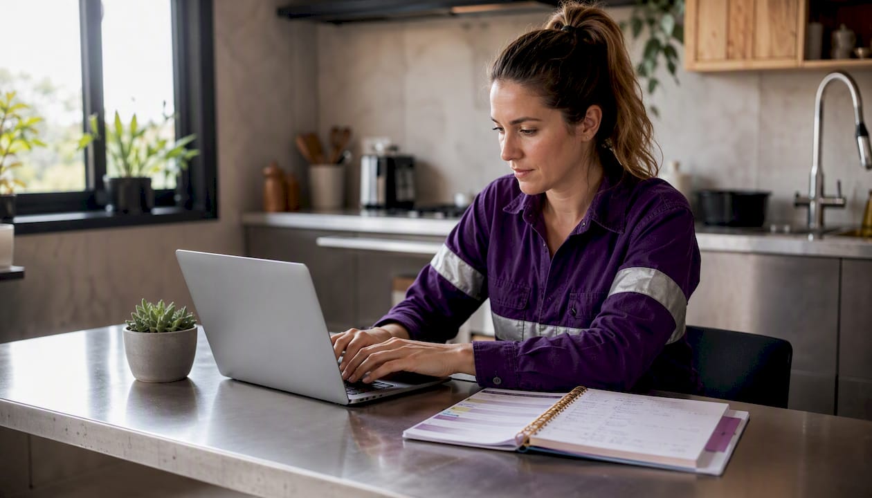Hands typing laptop with client info papers nearby