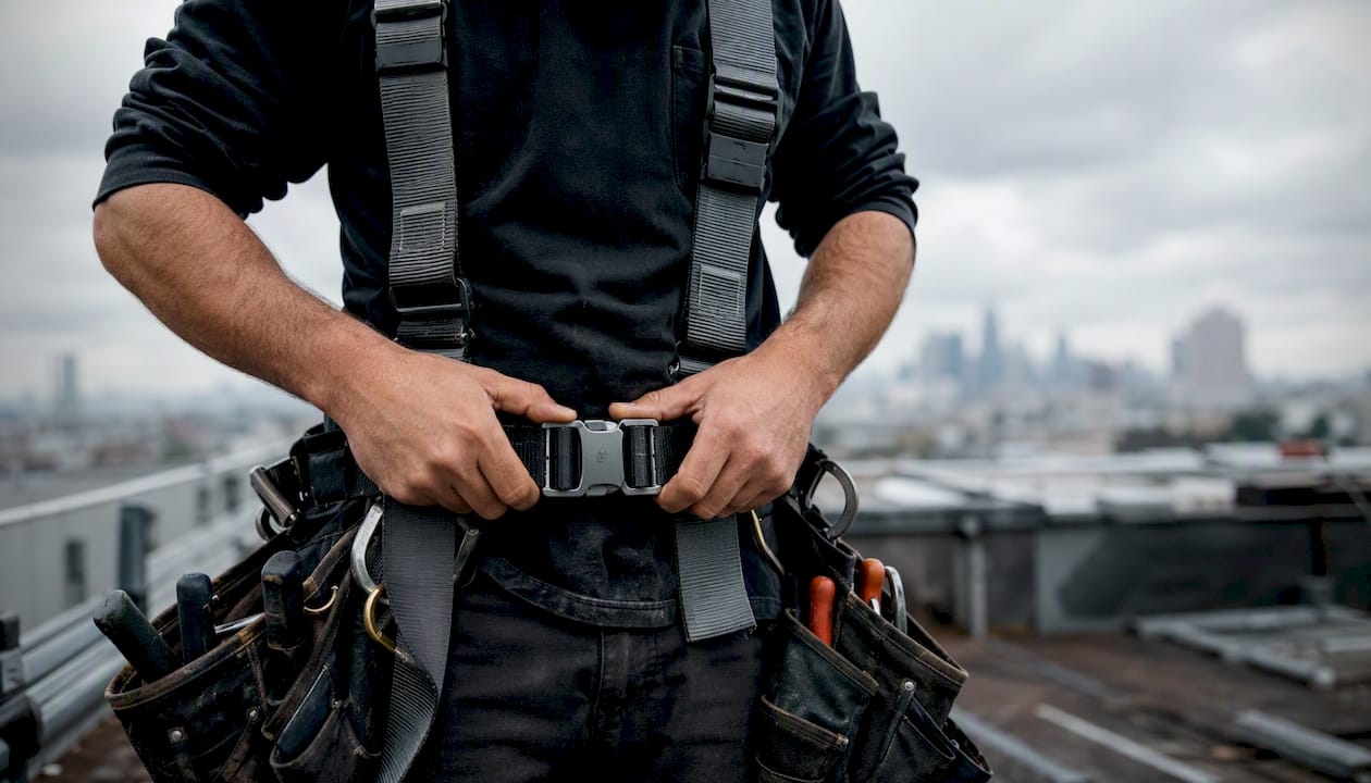 Hands fastening safety harness buckle on scaffolding