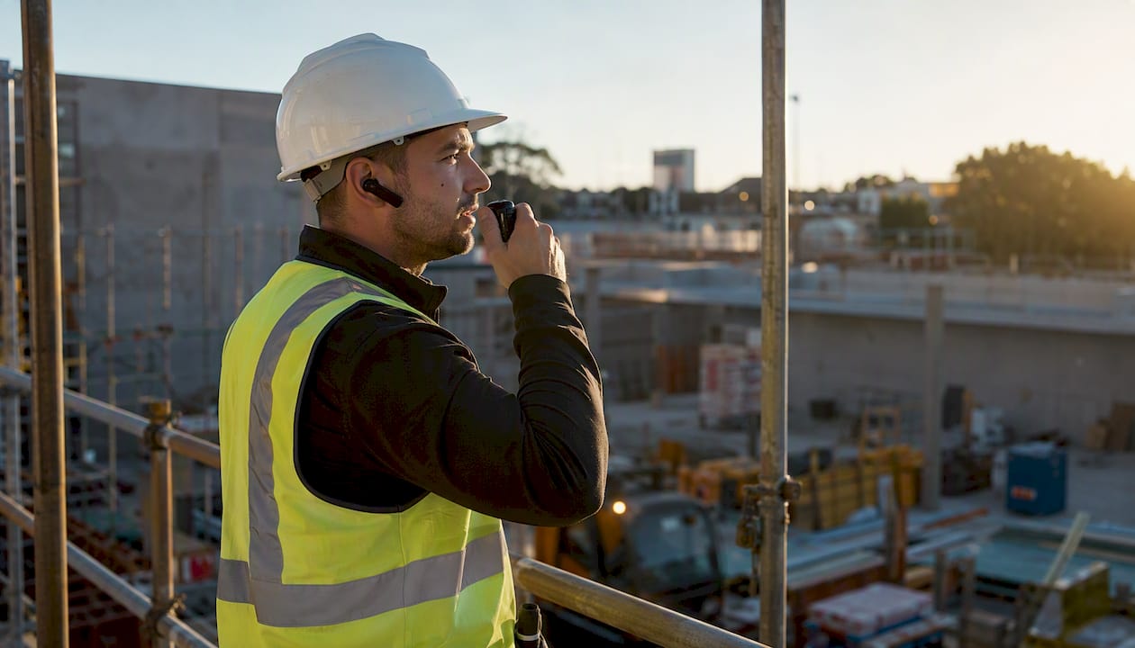 Tradie using voice assistant at construction site