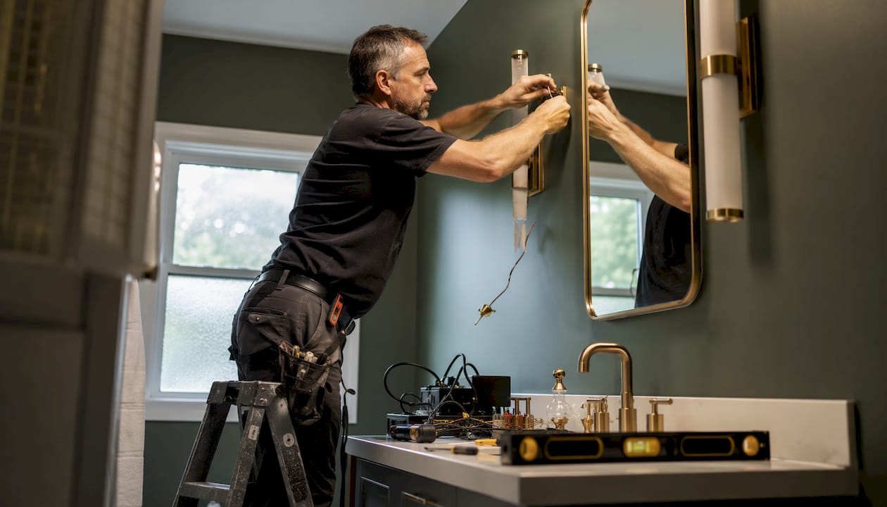 Electrician installing vanity light fixture carefully