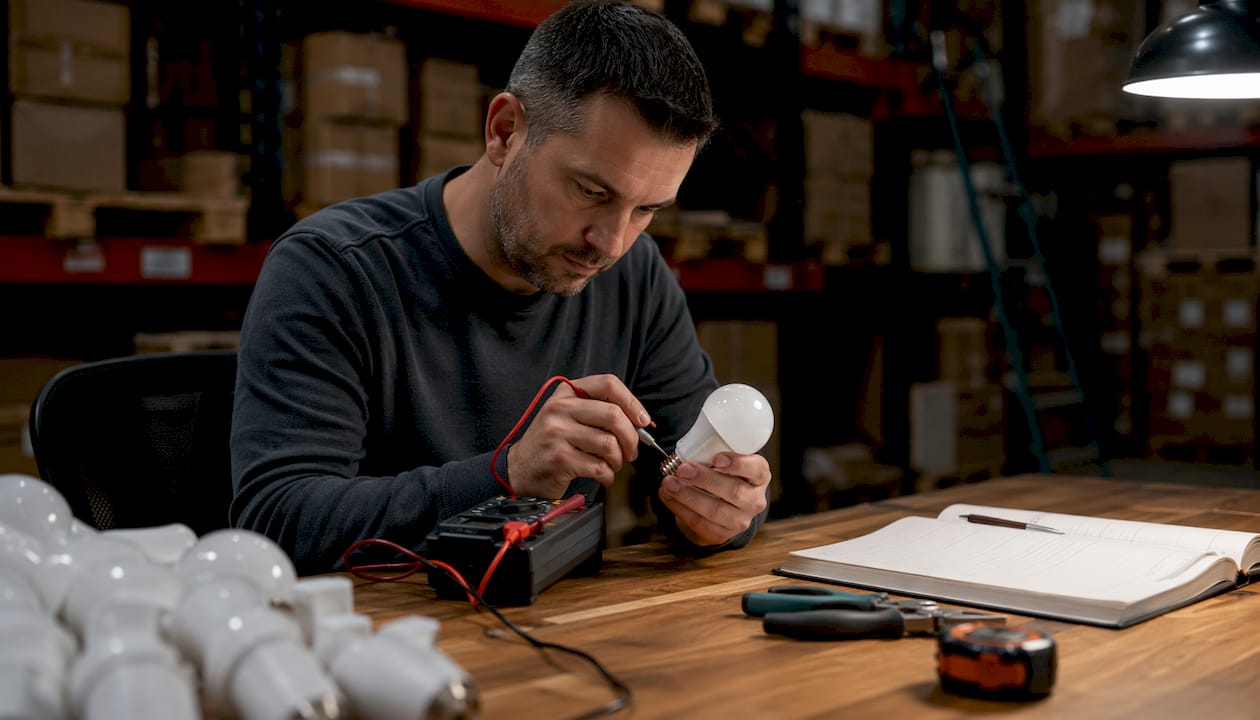 Technician testing CSA certified light bulb