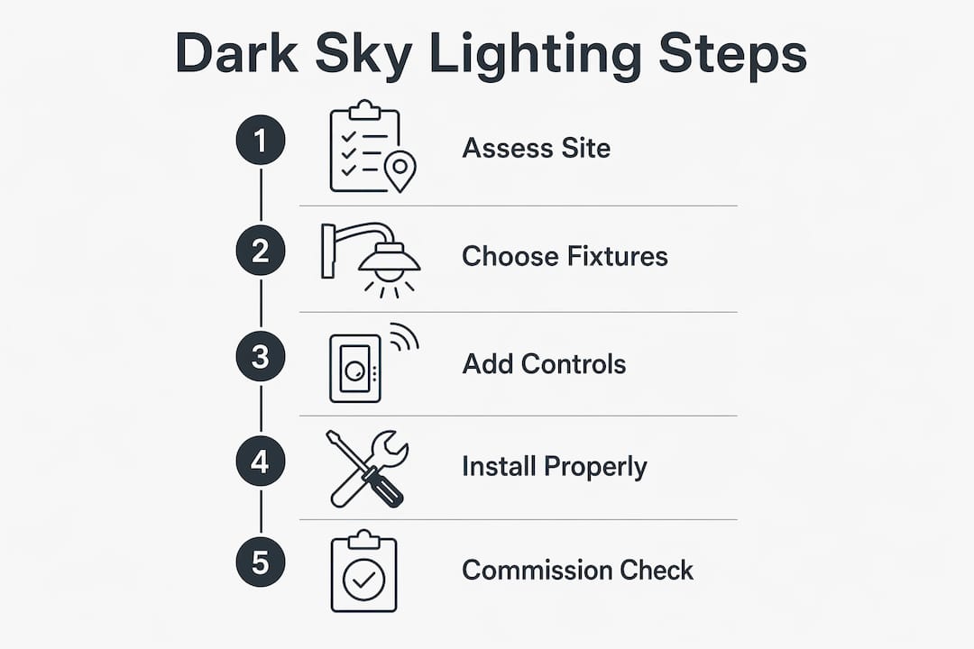 Infographic outlining steps for dark sky lighting installation
