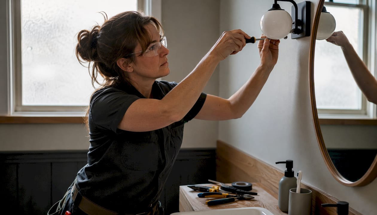 Electrician installing side sconce vanity light