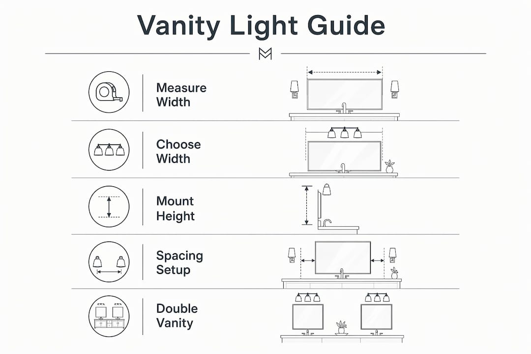 Infographic illustrating steps to size and place vanity lights