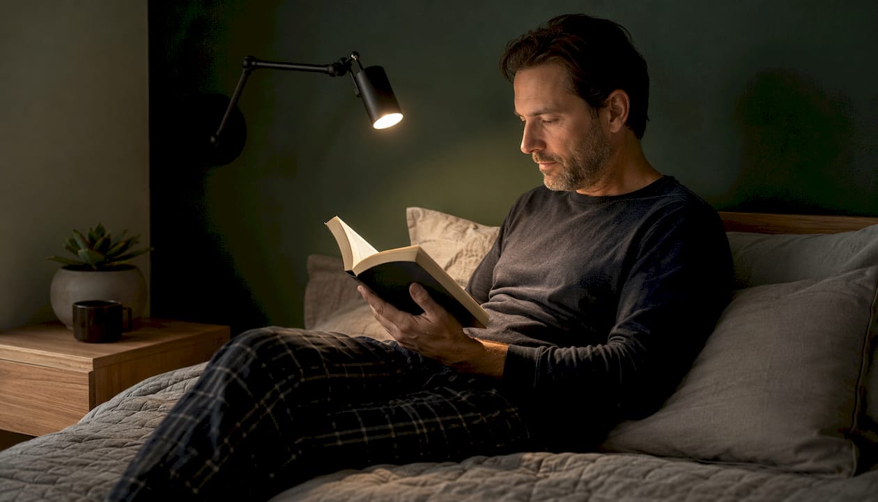 Man reading under bedside swing-arm sconce