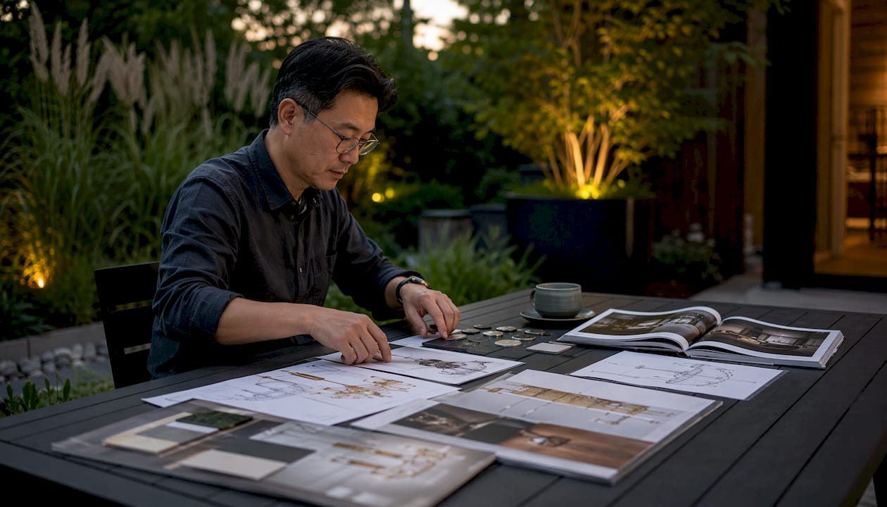 Man sorting chandelier style samples at table