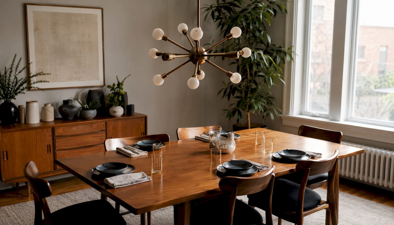 Empty dining room with Sputnik chandelier and teak furniture