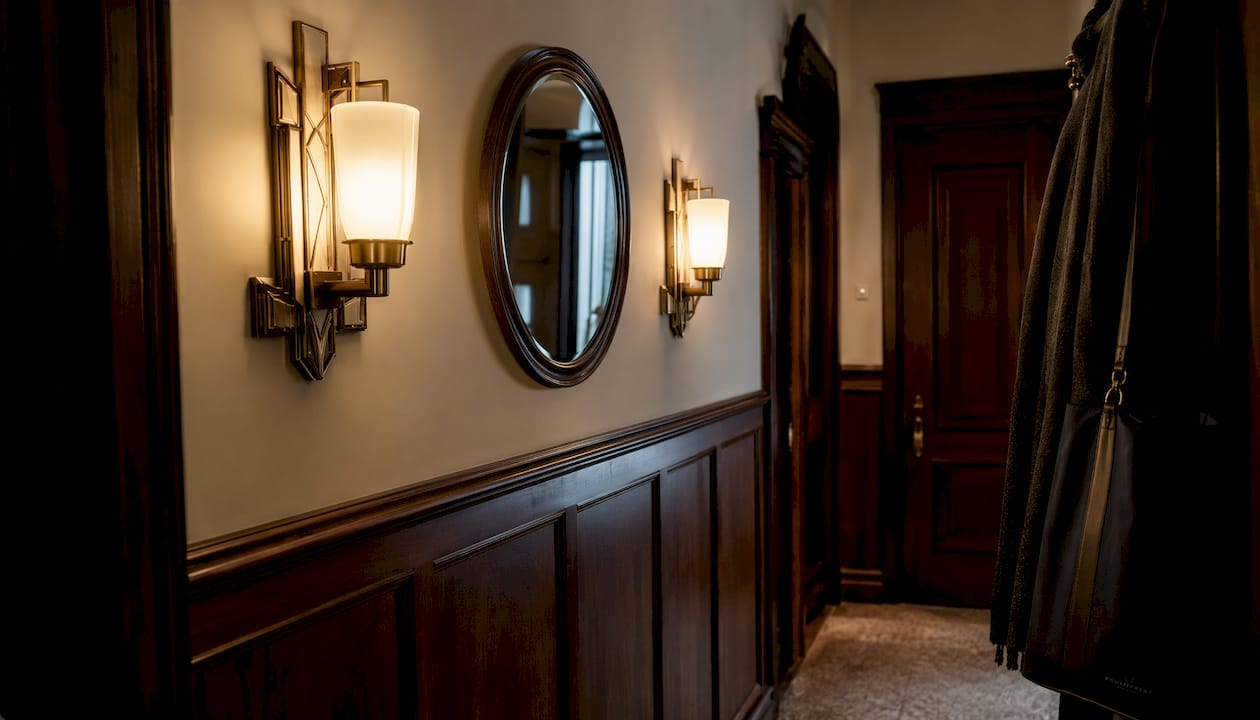 Pair of Art Deco wall sconces in hallway