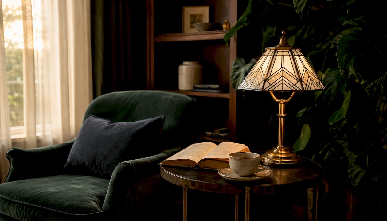 Art Deco table lamp in cozy living room