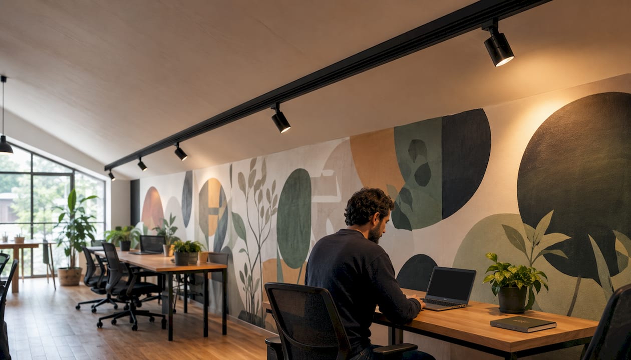 Magnetic track lighting on angled vaulted ceiling