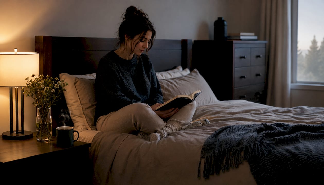 Woman reading under soft white bedside lamp