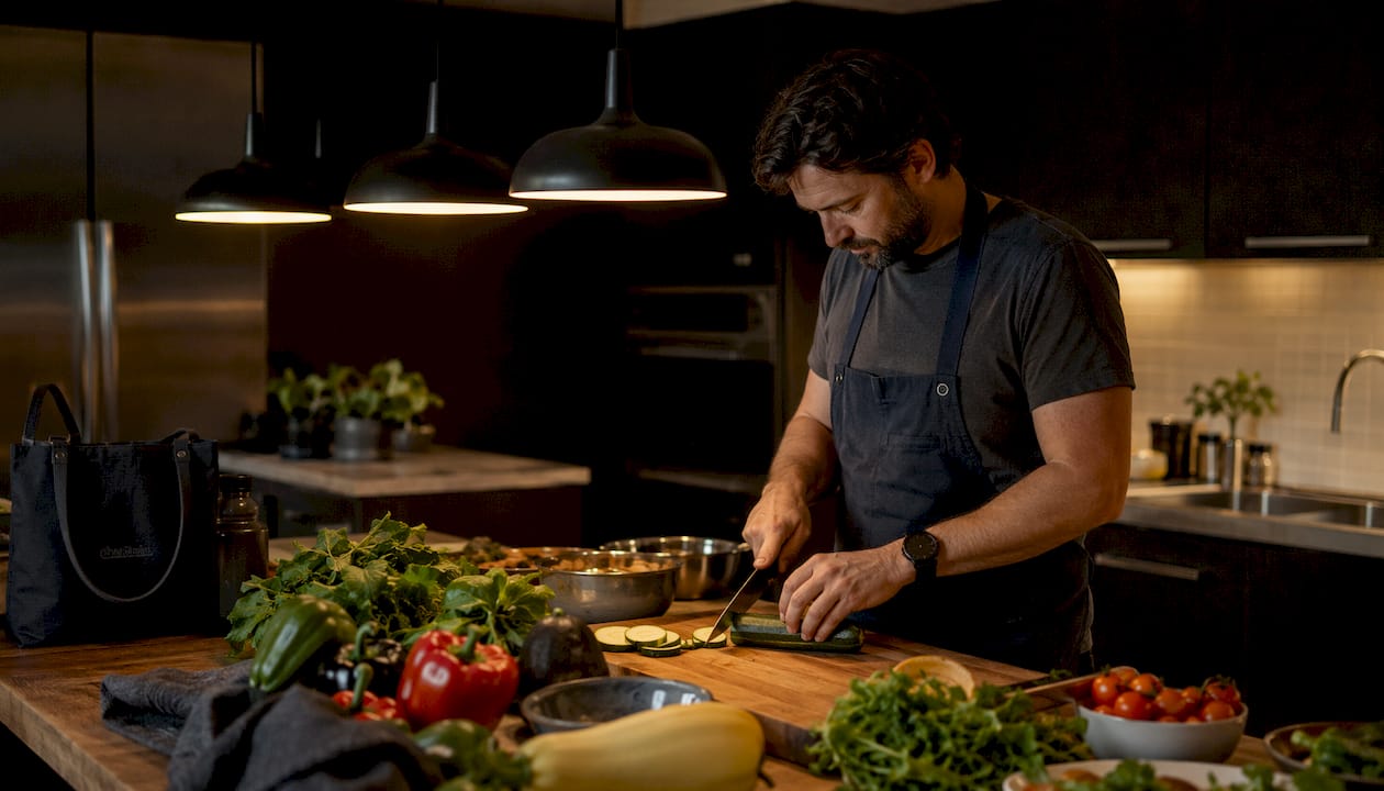 Chef preparing vegetables in bright kitchen lighting