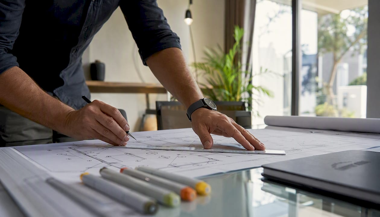 Architect calculating recessed lighting spacing on floor plan