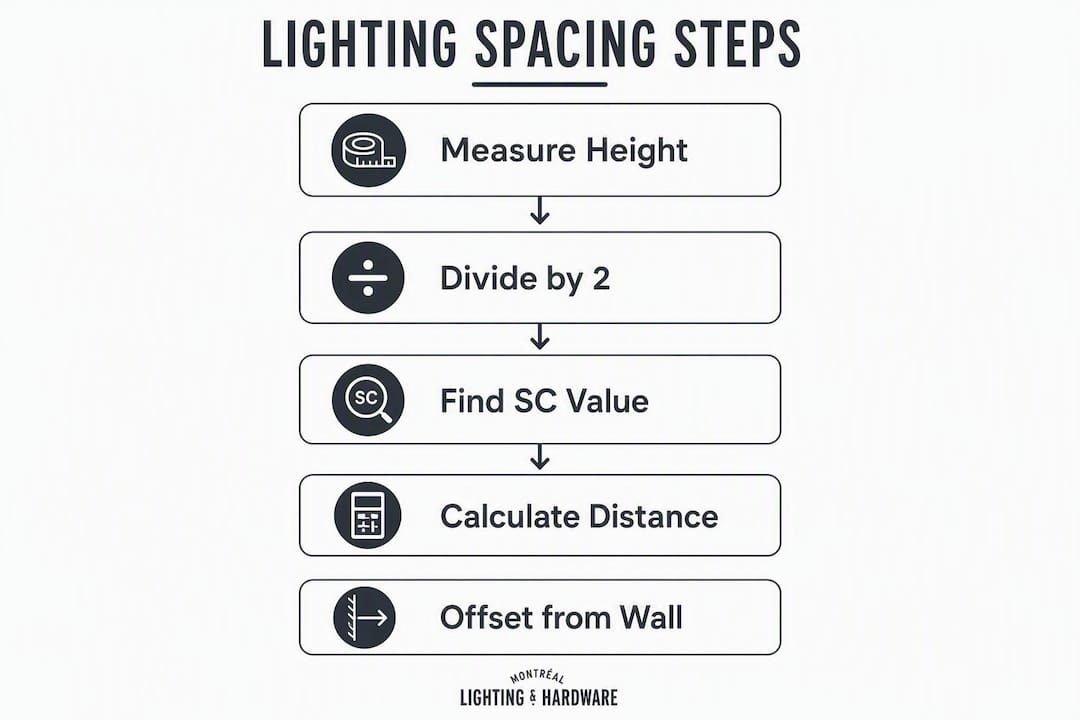 Infographic illustrating recessed lighting spacing steps