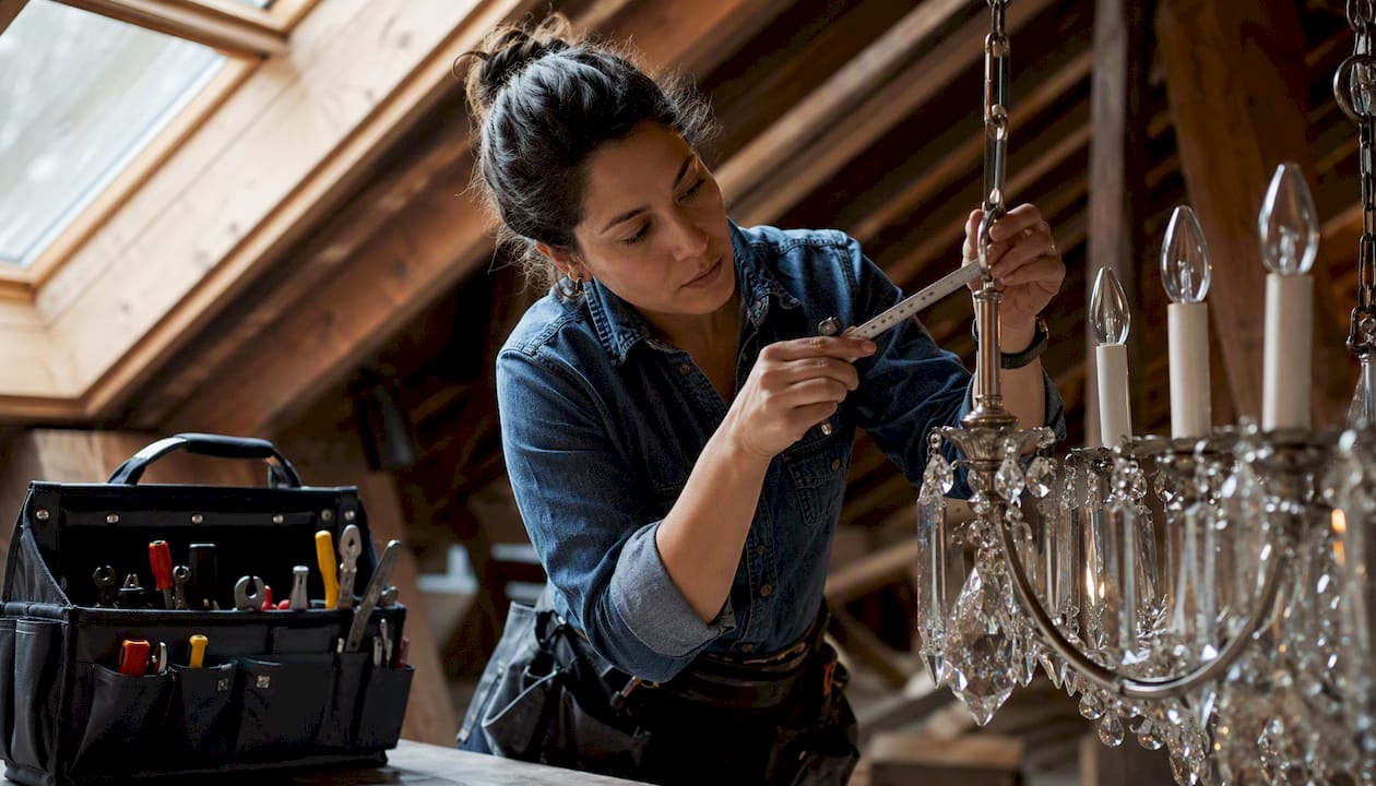 Electrician adjusting chandelier height in attic
