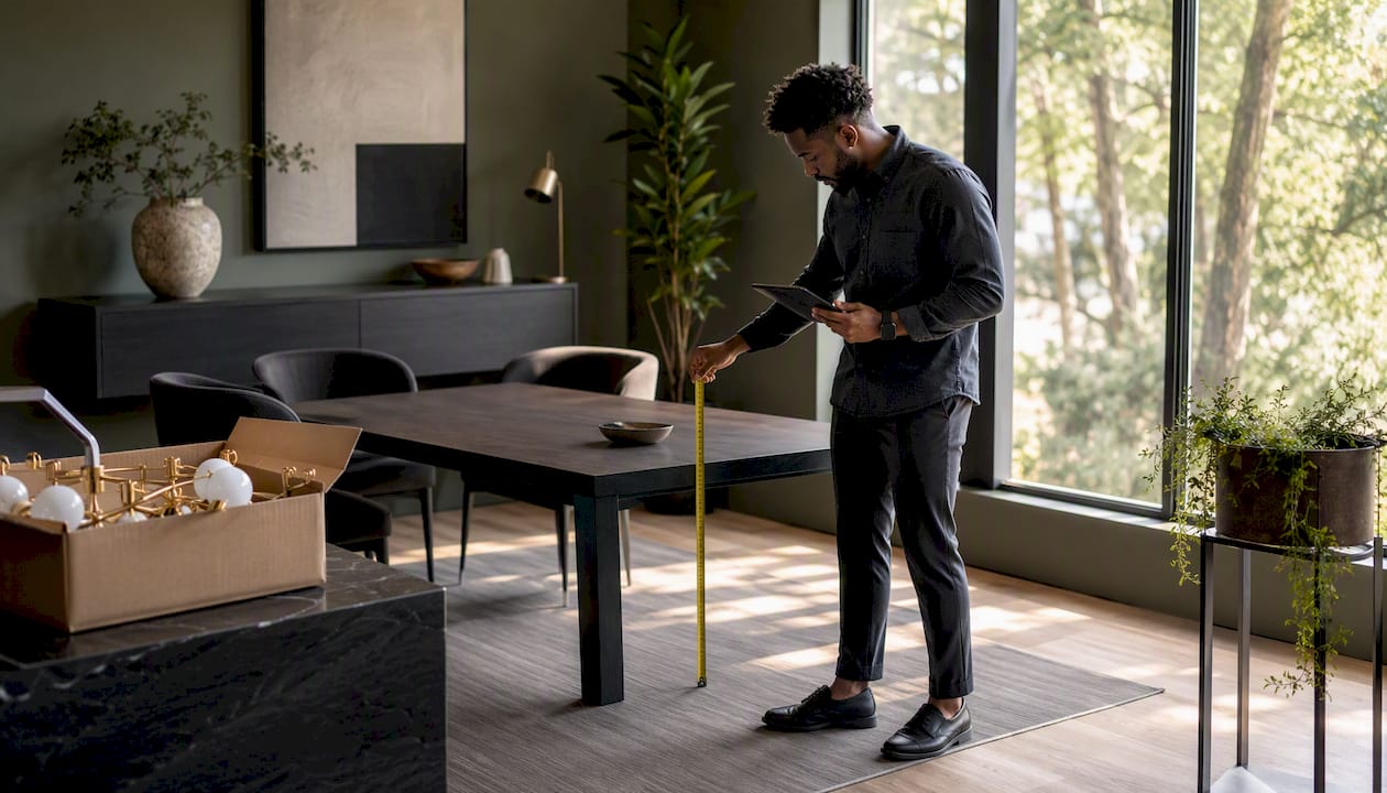 Designer measuring dining table width for chandelier