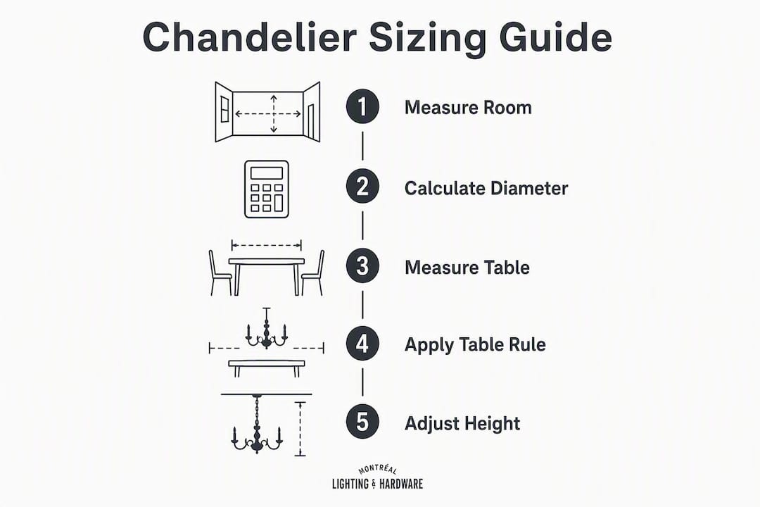 Infographic with chandelier sizing step-by-step guide