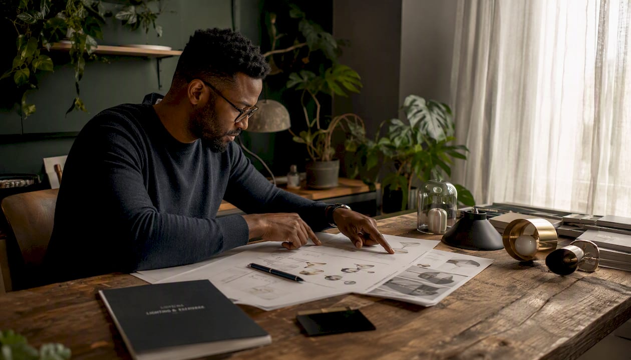 Designer reviewing lighting specs documents