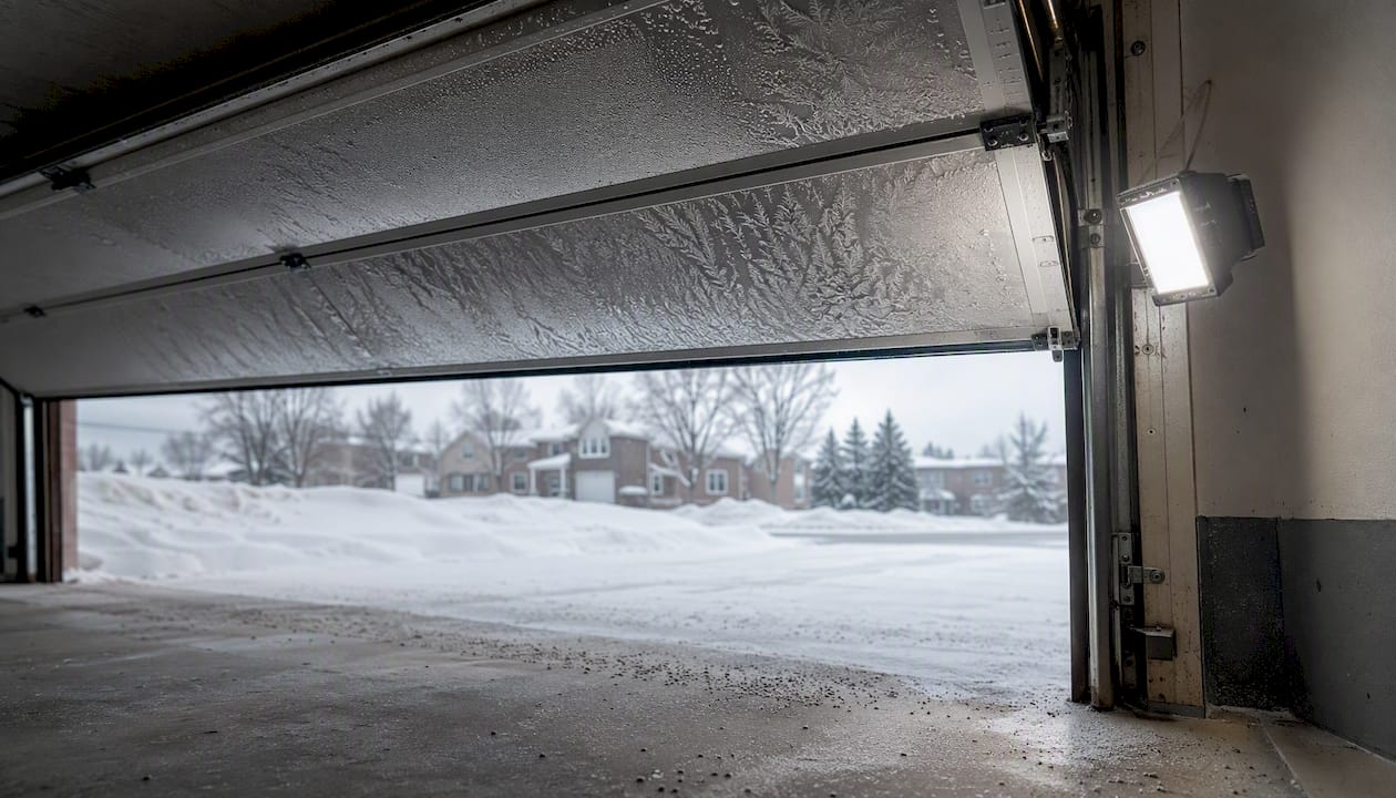 Garage door area with LED fixture in cold conditions