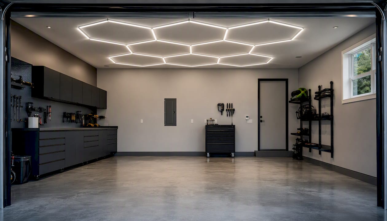 Garage ceiling with hexagonal LED panel grid