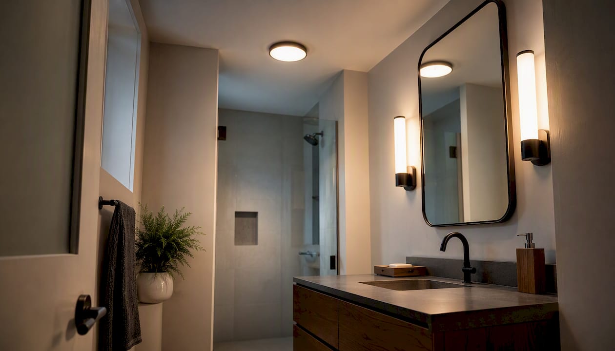 Flush-mount ceiling light with vanity sconces in bathroom