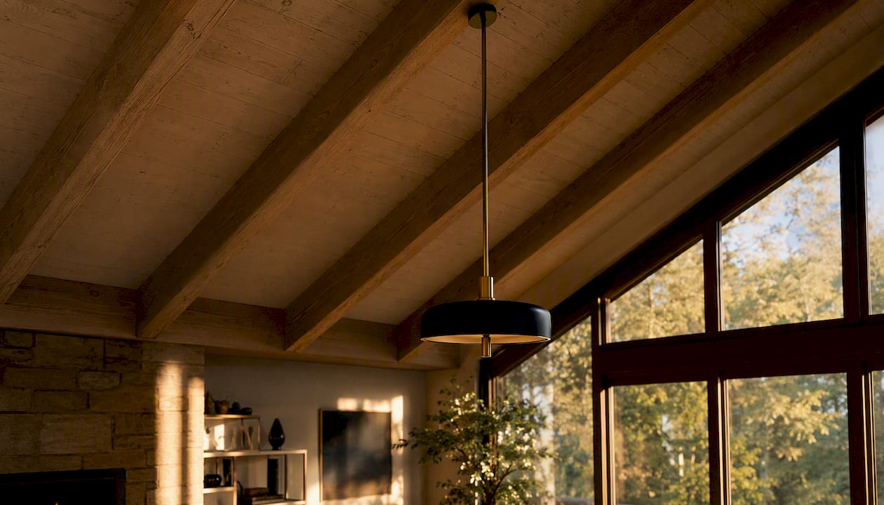 Pendant lighting on vaulted ceiling with exposed beams