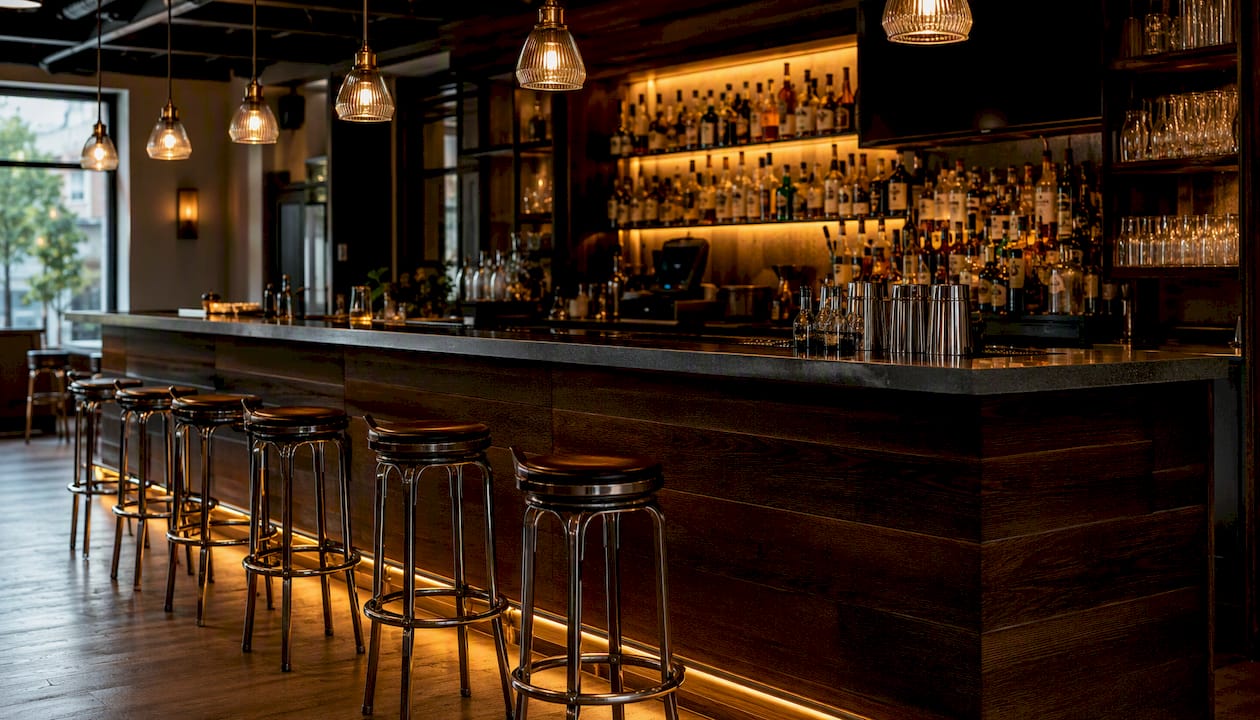 Restaurant bar lit by LED strips and warm pendants