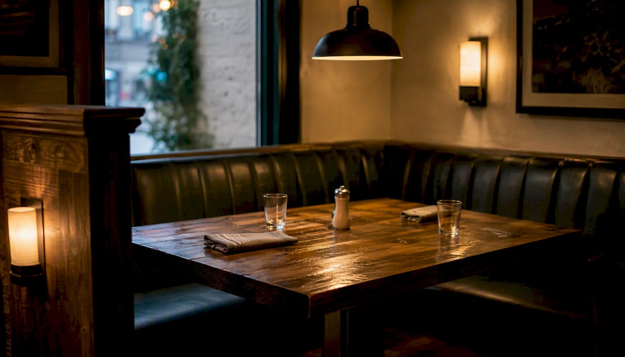 Cozy restaurant booth with warm sconces and pendant lights