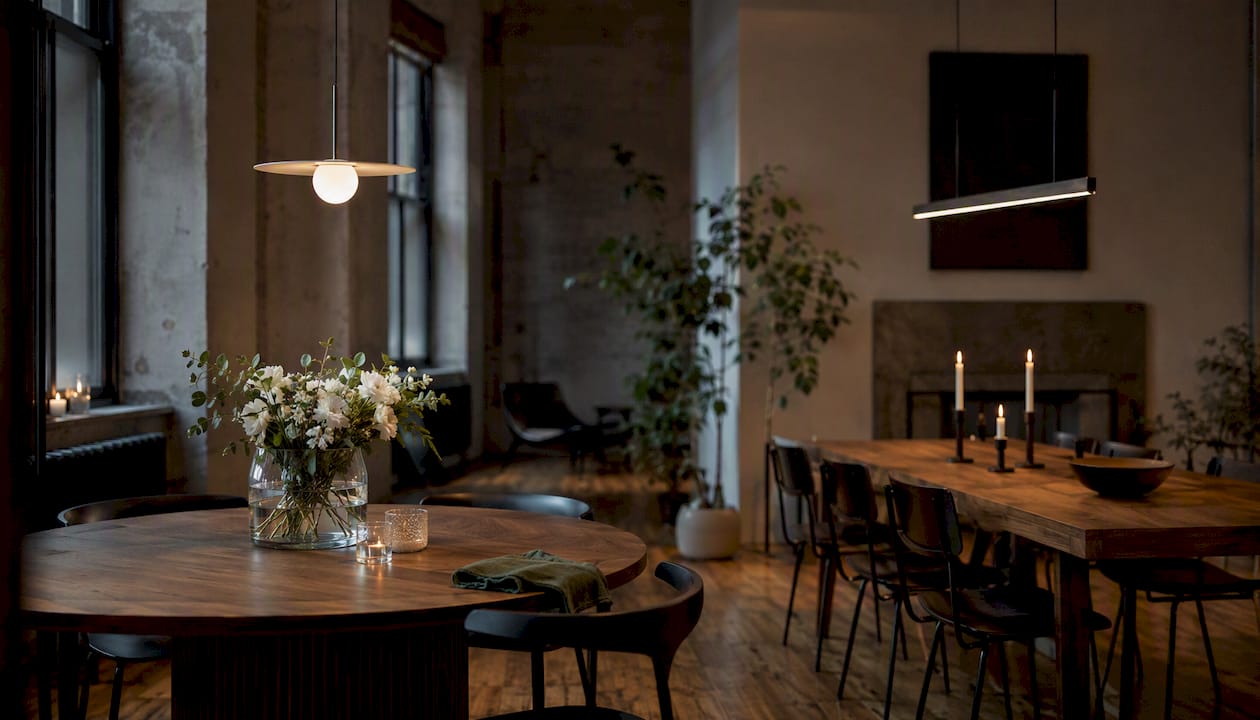 Round and rectangular tables with matching chandeliers