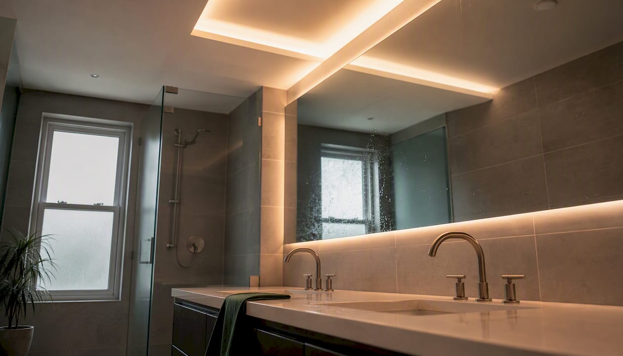 Bathroom mirror with soft halo cove light