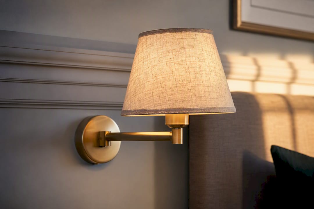 Linen shade and warm brass bedroom light fixture details