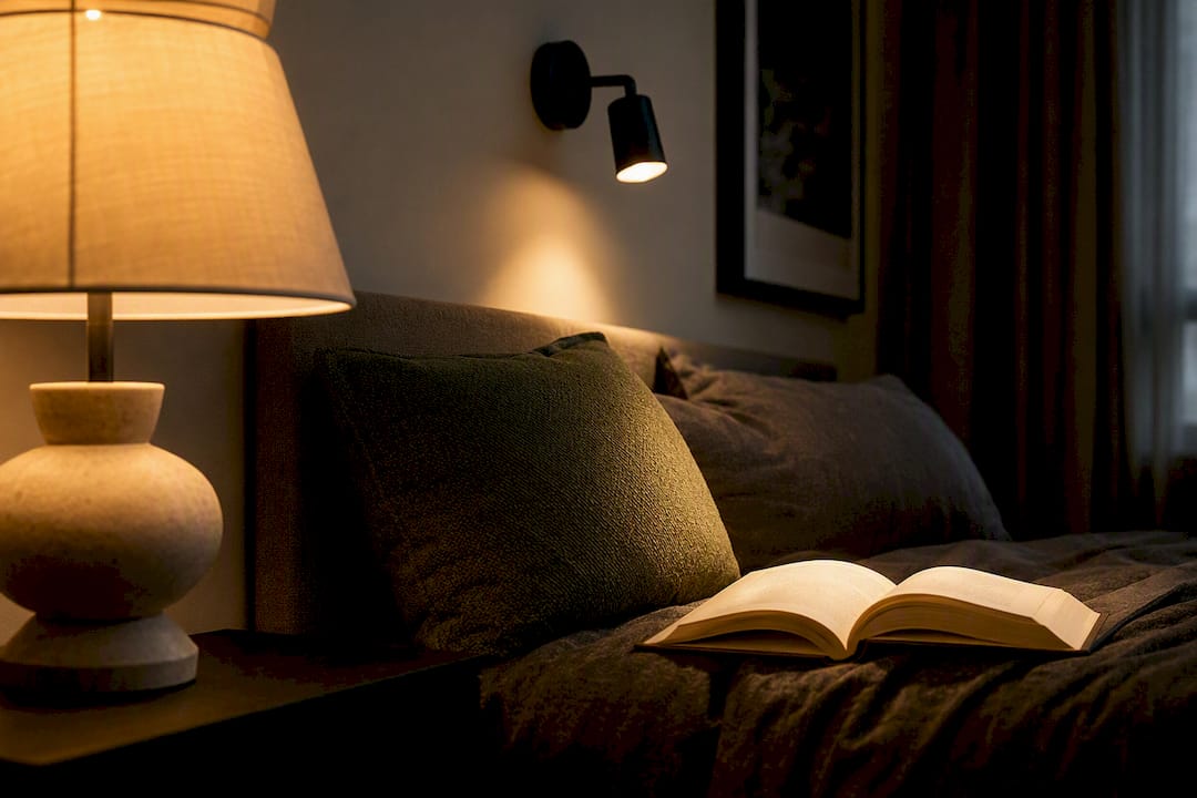 Bedside lamp and wall sconce placed for reading